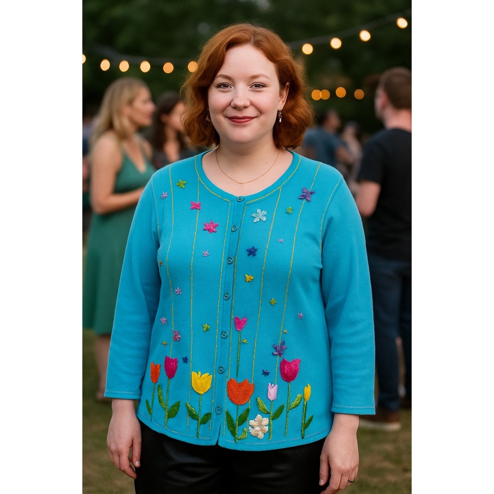 Quacker Factory 2X Blue Floral Easter Bunny Cardigan Y2K 90s Teacher Art Beaded